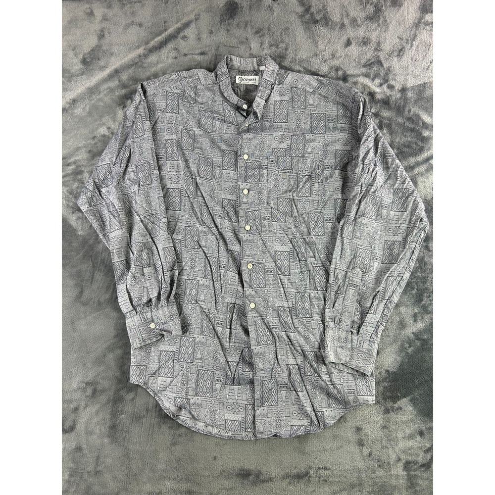 Giovanni M‎ Vintage Button Down Shirt Gray Abstract Tribal Print Long Sleeve